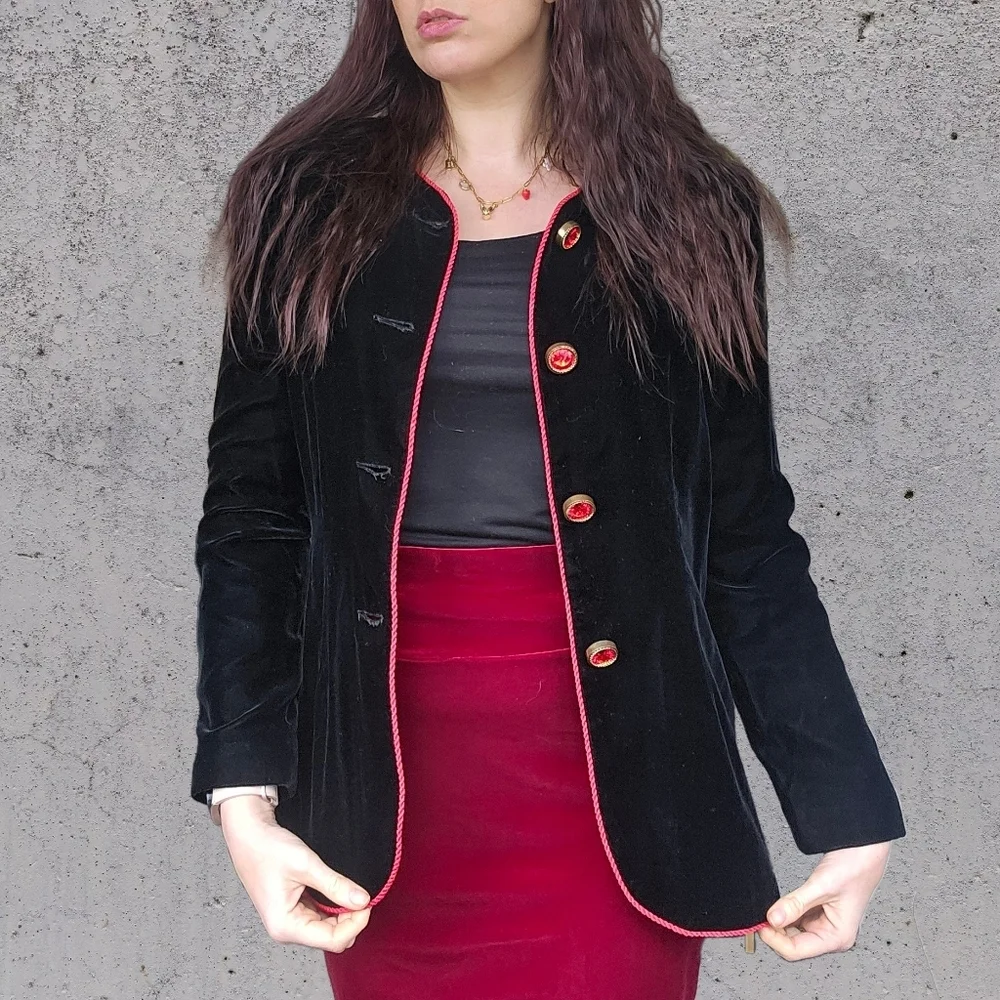Vintage 80's Velour JS Collections Coat With Jewel Red Buttons & Trim - Picture 8 of 12
